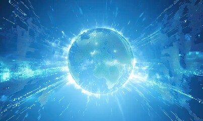 Fototapeta premium Glowing Digital Globe with Blue Energy Rays Abstract Background
