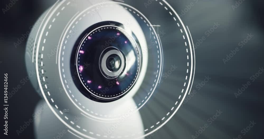 Poster close-up of a futuristic home security robot scanning the surroundings with glowing sensors. high-te