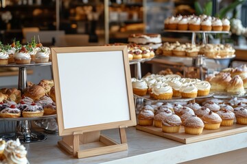 A blank menu stand is positioned near an assortment of delectable pastries, including creamy cakes, in a bright and inviting bakery setting
