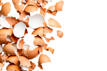 Brown eggshell fragments on a black background, cracked, cut out transparent