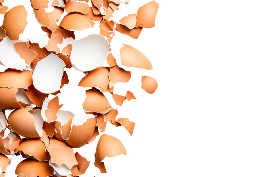 Brown eggshell fragments on a black background, cracked, cut out transparent