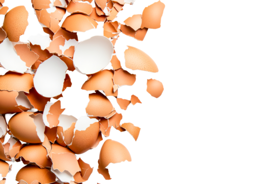 Brown eggshell fragments on a black background, cracked, cut out transparent