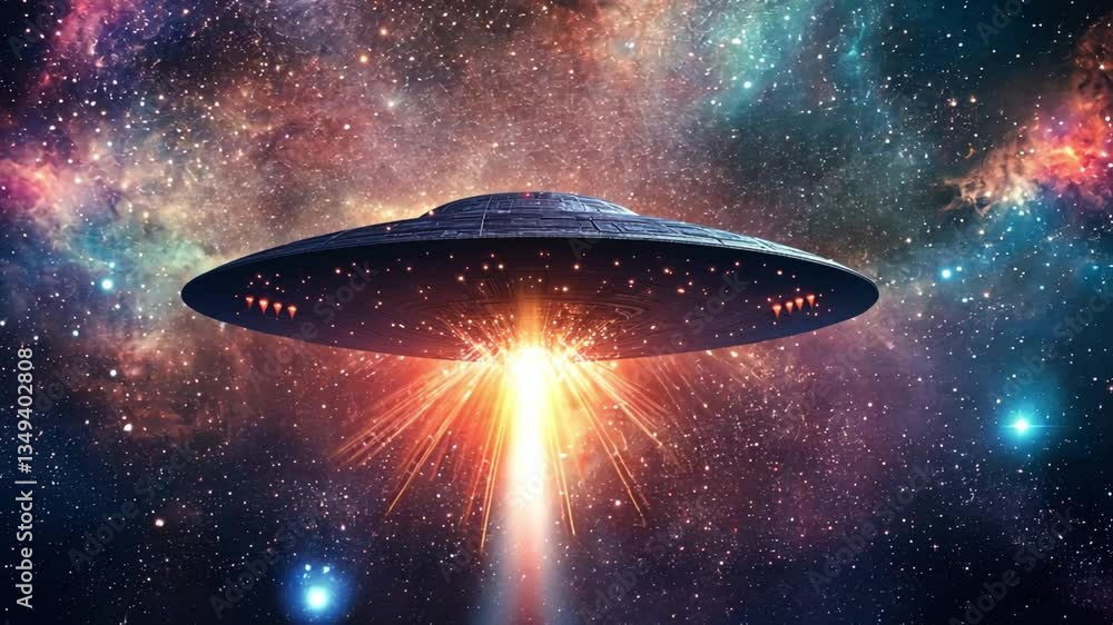 Poster futuristic spaceship with light beam descending into colorful cosmic space filled with stars and neb