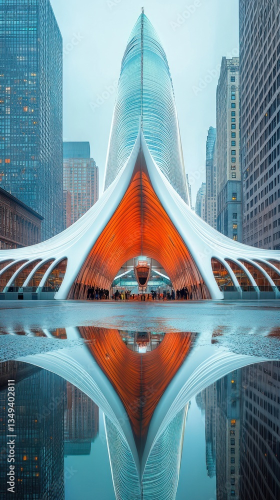 Poster modern architecture reflected in a puddle, creating a symmetrical image with skyscrapers in the back
