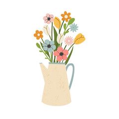 Cute bouquet of wildflowers in a jug. Spring flowers in a vase. Plants for decoration, blooming herbs isolated on background.