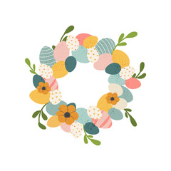 Cute Easter wreath with painted eggs and flowers. Trendy Easter design for  banner, poster, greeting card. Isolated on white