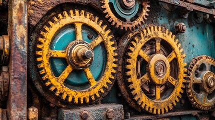 Closeup showing multiple old gears and cogs working together in a machine