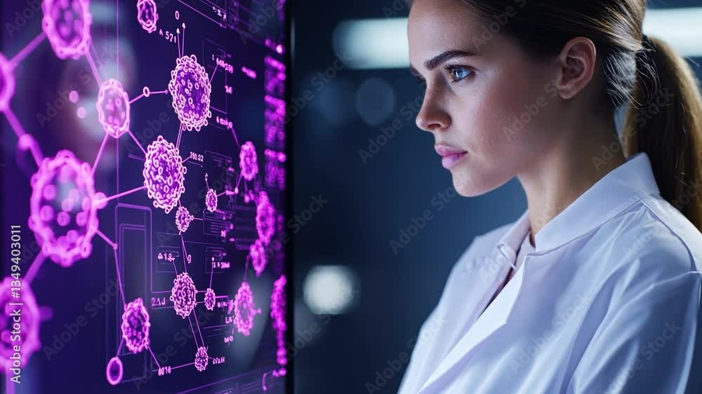 Poster focused female scientist analyzing data and research on futuristic screen in laboratory setting with