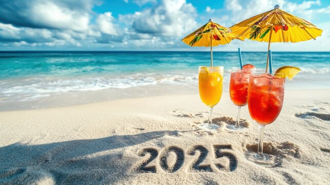 Happy 2025 etched in sand with tropical drinks
