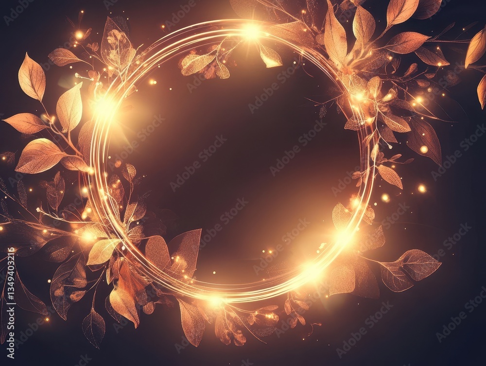 Aufkleber glowing golden leaves circle frame on dark background