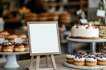 A blank menu stand is positioned near an assortment of delectable pastries, including creamy cakes, in a bright and inviting bakery setting