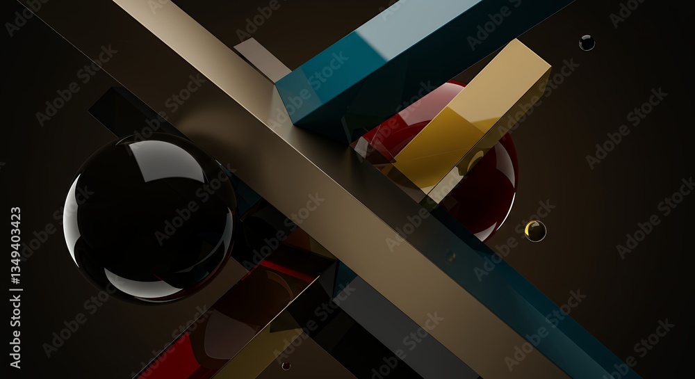 Poster abstract composition of spheres and rectangular prisms with glossy finish