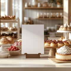 A blank menu stand is positioned near an assortment of delectable pastries, including creamy cakes, in a bright and inviting bakery setting