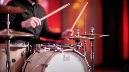 Close-up of a drummer playing drums on a stage