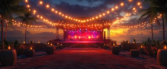 Sunset beach concert stage. Lit with string lights, candles, and stage lights