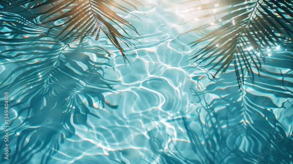 Poster soft reflections of palm leaves merge with ocean waves, creating a serene and dreamy atmosphere unde