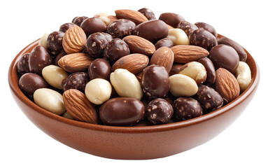 Chocolate covered nuts and almonds in glass bowl. Sweet treat with nuts isolated on Transparent Background. AI generative