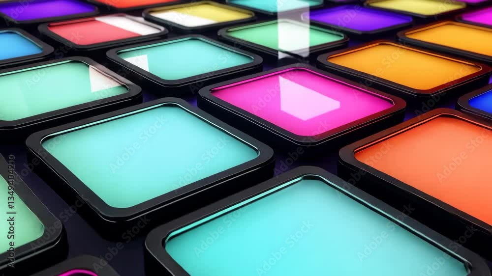 Poster colorful device icons arranged on a glowing digital interface generative ai