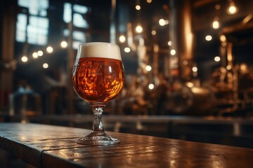 A glass of beer, template, mockup of an alcoholic beverage standing on a wooden table on the background of a beerhouse. Suitable for pub or bar menu design