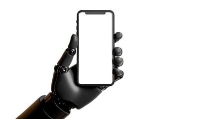 Robot hand holding a bezel-less smartphone with a blank white screen. Transparent background.
