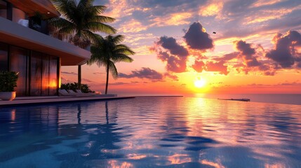 Digits Floating in Infinity Pool with Sunset