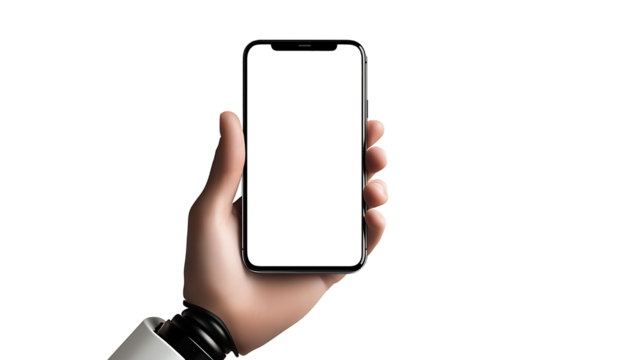 Robot hand holding a bezel-less smartphone with a blank white screen. Transparent background.