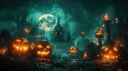 Naklejka premium Glowing Jack O'Lanterns Illuminate Spooky Halloween Night City