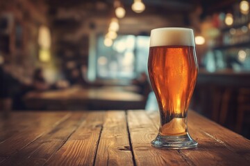 A glass of beer, template, mockup of an alcoholic beverage standing on a wooden table on the background of a beerhouse. Suitable for pub or bar menu design