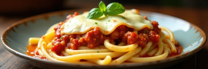 Layered pasta with rich meat ragu and melted mozzarella cheese, ragu, pastas