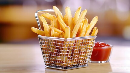 Crispy French fries in a metal basket with a side of ketchup.