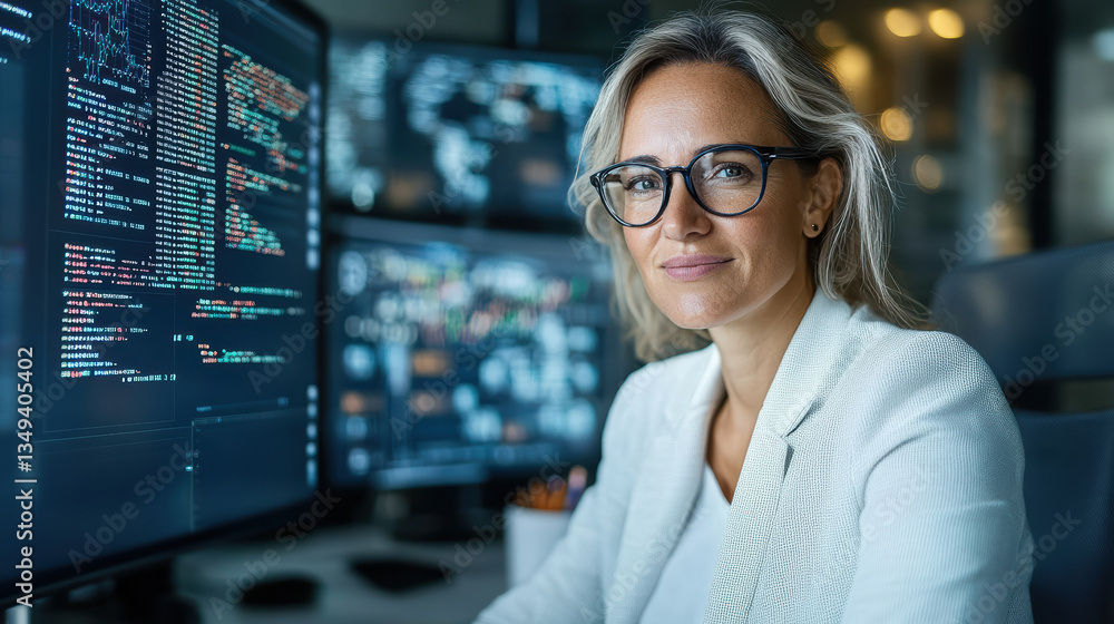 Aufkleber professional woman with glasses is smiling while working desk surrounded by multiple computer