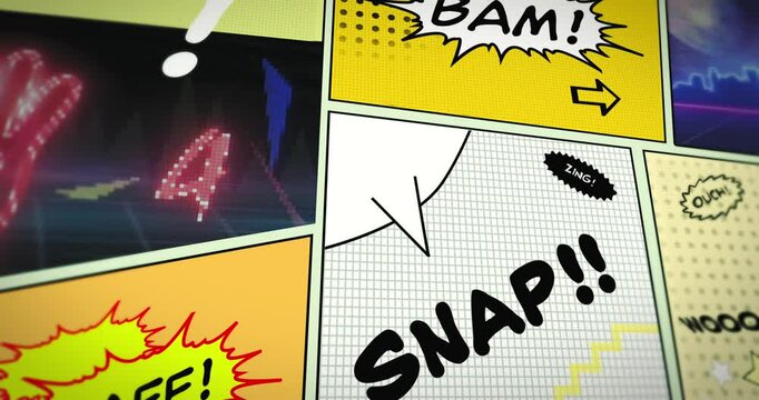 Vibrant comic-style illustration with various speech bubbles and sound effects, featuring words like 'SHHH!!!' and 'POW!'. The background is divided into colorful panels, creating a dynamic pop-art