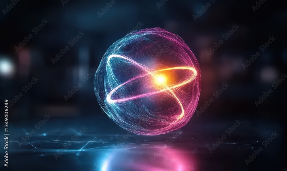 Poster glowing pink and blue particle sphere abstract background