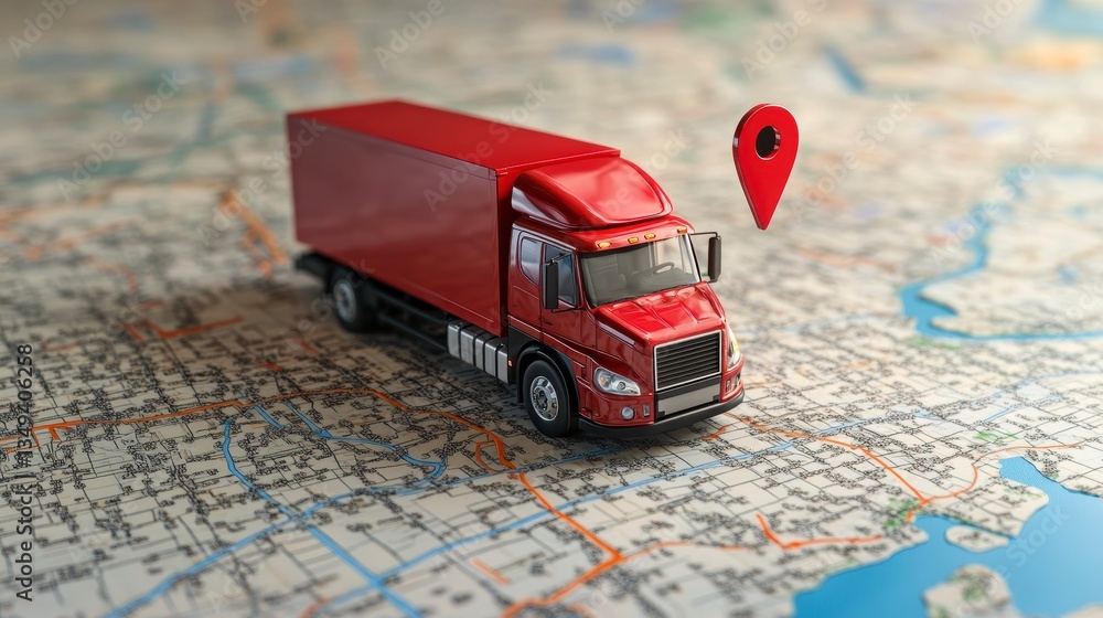 Poster red toy truck on a map with location pin, depicting delivery tracking or logistics.