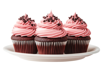 Delicious pink frosted chocolate cupcakes on a plate, cut out transparent