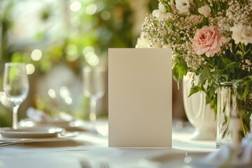 A mockup table tent menu card on a table with tablecloth, a vase of flowers and a white plate. Wedding celebration or party dinner blurred background
