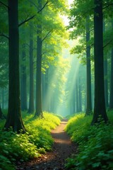 Obraz premium Peaceful forest with tall trees and gentle foliage, serene, calm