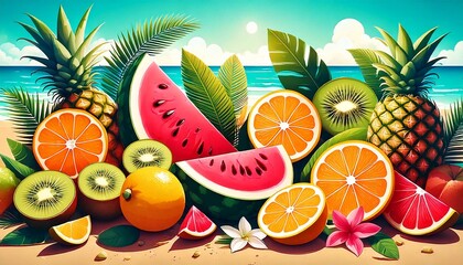 Ilustracja, grafika z kolorowymi owocami i liśćmi. Wakacyjne tło z owocami