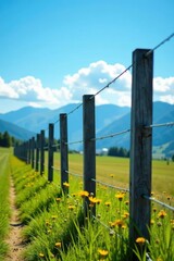 Fototapeta premium Peaked fence posts against a clear blue summer sky, blue sky, mountains