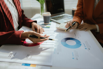 Businesswoman analyzing charts and financial data on laptop in modern office. She focuses on investment strategies and budget planning, collaborating with colleagues to drive organizational growth and