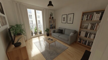 Fototapeta premium Cozy Interior with Bookshelves and Balcony View in a Modern Apartment