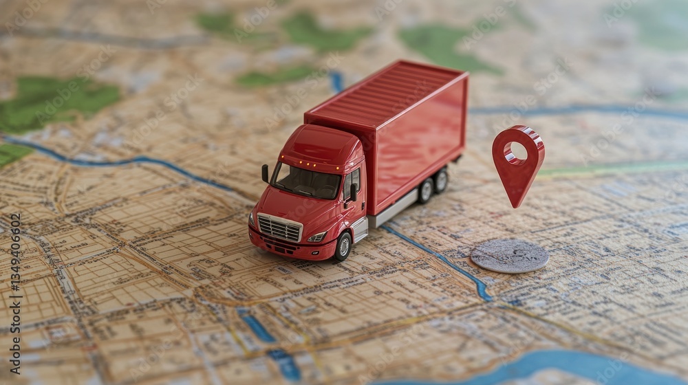 Poster red toy truck on a map with location pin, illustrating delivery or logistics.