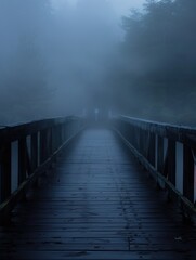 Fototapeta premium The misty bridge leads into a mysterious realm where soft light reveals shadowy figures amidst the fog