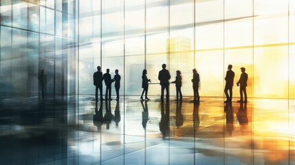 Business Team Silhouette: A group of professionals in silhouette, their forms defined against a backdrop of an expansive modern building, engage in a productive meeting, under a bright morning sun.