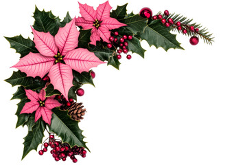 Poinsettias and Holly Festive Corner Decoration, cut out transparent