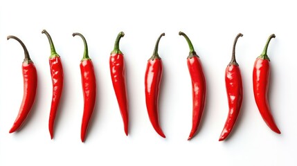 A vibrant arrangement of red chili peppers lined up against a clean white background, perfect for culinary use