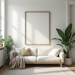 A modern, minimalist living room with a beige sectional sofa, cozy pillows, a round wooden coffee table, and indoor plants. Sunlight streams through large windows, creating a warm and inviting ambianc