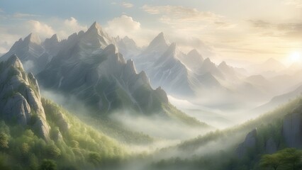 A breathtaking landscape view of a mountainous region at sunrise.