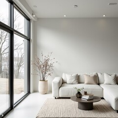 A modern, minimalist living room with a beige sectional sofa, cozy pillows, a round wooden coffee table, and indoor plants. Sunlight streams through large windows, creating a warm and inviting ambianc