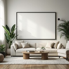 A modern, minimalist living room with a beige sectional sofa, cozy pillows, a round wooden coffee table, and indoor plants. Sunlight streams through large windows, creating a warm and inviting ambianc